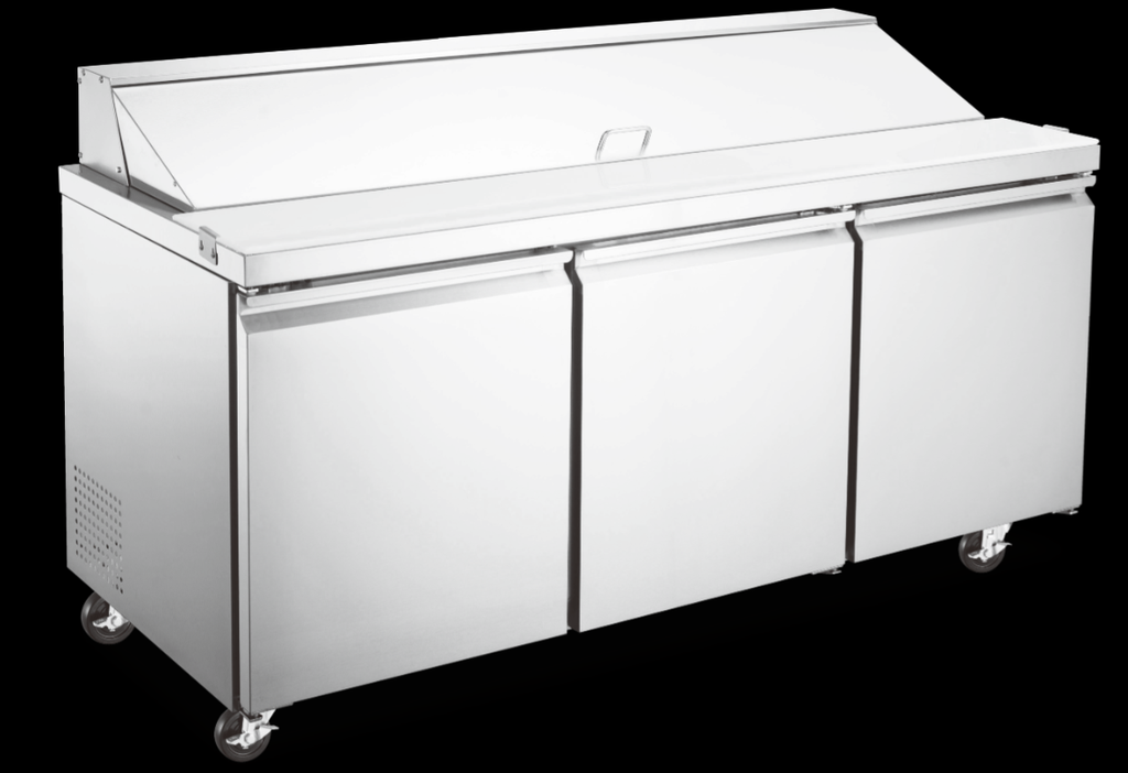 prep table - 70" - 3 door - std top / 18 pan - Omcan / Aurora / 59048 - 3 shelf - casters - 115v/9a - N