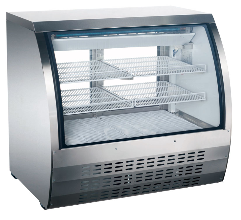 display case - refrigerated - floor - gravity coil - 36" - stainless cabinet - Omcan / 50084 - 3 level / 2 shelf - 120v/5a - N